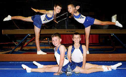 The Wide Bay Gymnastics Club boys team of Tyler Youman, Wade Hogan, Nathan Thomson and Lincoln McIntyre finished second in their division in the state club championships. The Wide Bay Gymnastics Club boys team of Tyler Youman, Wade Hogan, Nathan Thomson and Lincoln McIntyre finished second in their division in the state club championships.